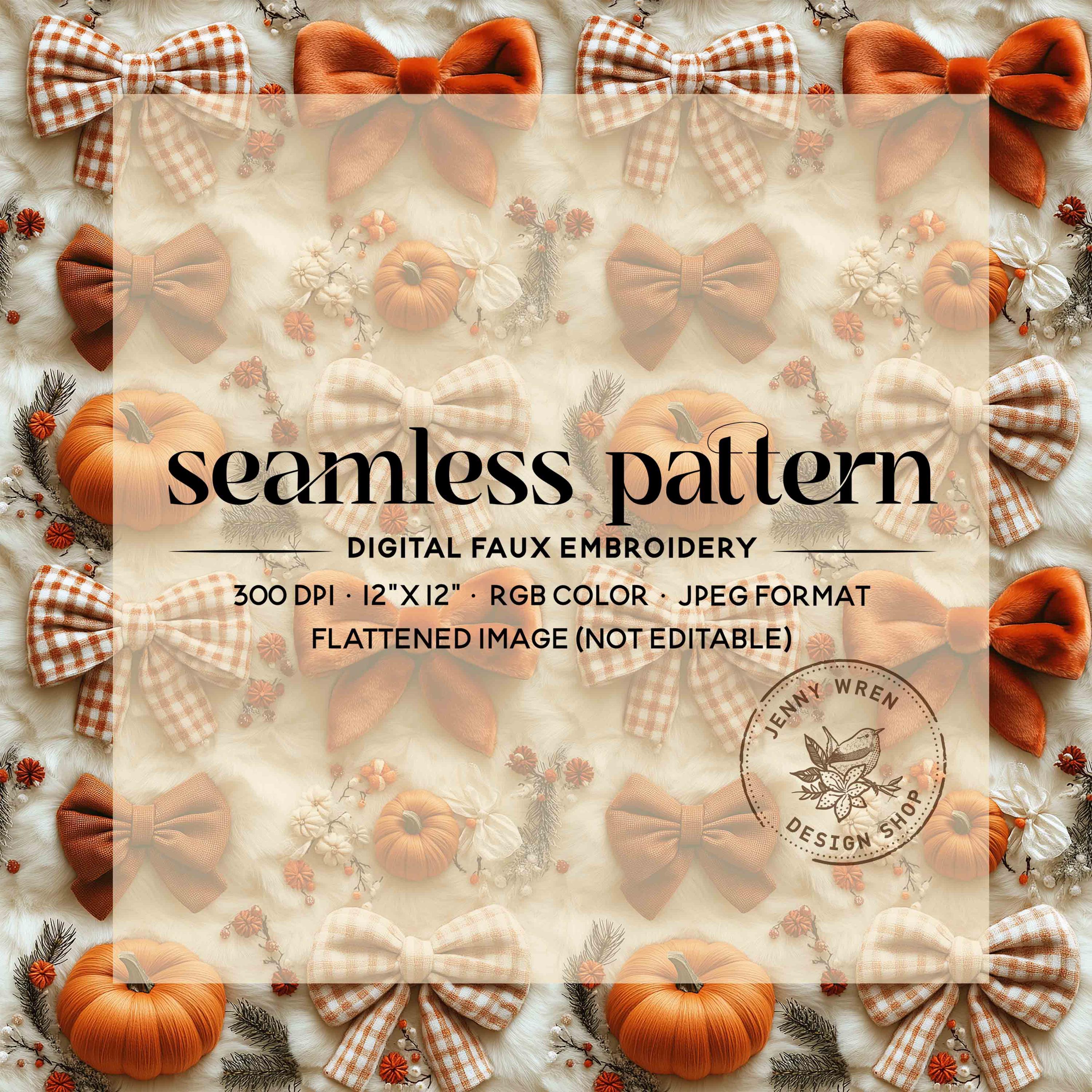 Boho Fall Coquette Bows Seamless Pattern, Pumpkins and Bows Embroidery ...
