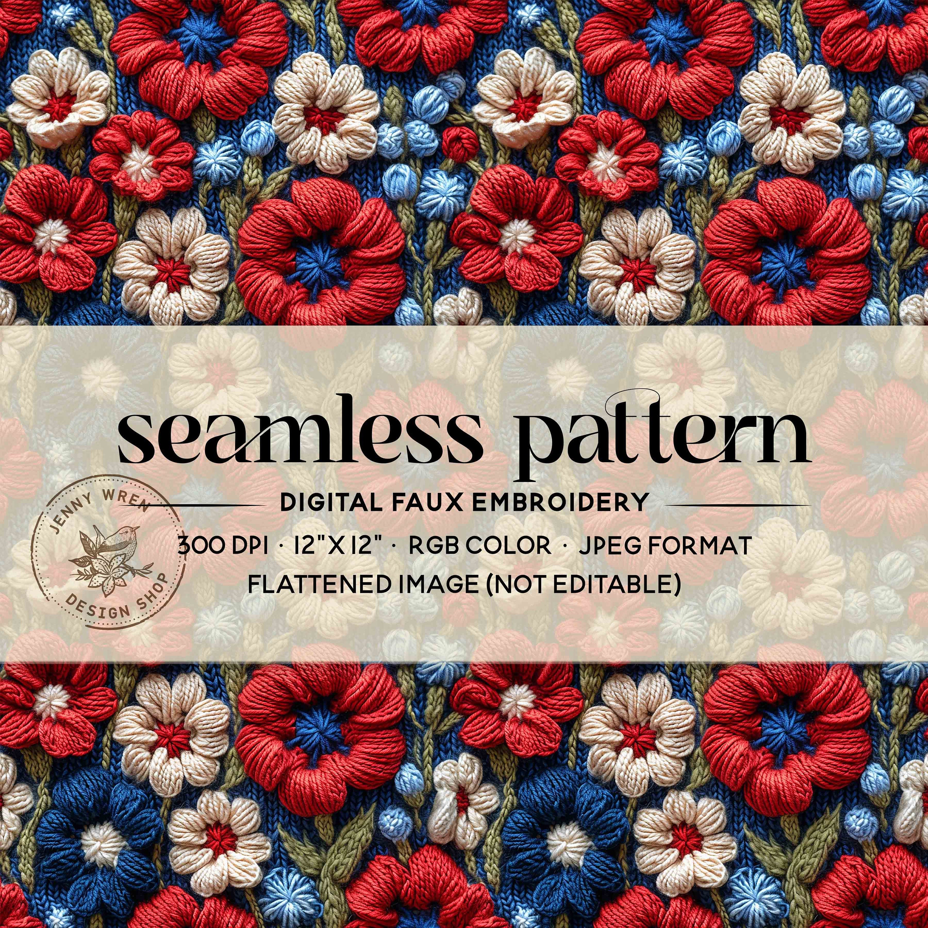 Fourth of July Floral Faux Embroidery Seamless Pattern, 3D Red White ...