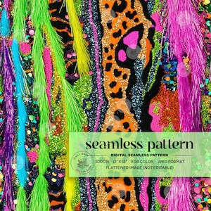 Bright Neon Animal Print Seamless Pattern, 3D Glittery Sequin Leopard Digital Paper, Neon Rainbow Stripes Repeat File for Fabric Sublimation