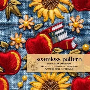 Back to School Embroidery Seamless Pattern, Retro Denim Daisy and Apple Digital Paper, Floral Book Repeating Pattern for Fabric Sublimation