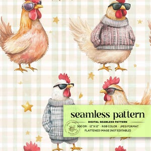 May include: A seamless pattern featuring watercolor illustrations of chickens wearing sunglasses and sweaters. The chickens are in various colors, set against a light beige plaid background with gold stars. The image includes the text "seamless pattern".
