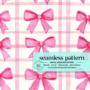 Retro Pink Coquette Bow Seamless Pattern, Pink Bow Gingham Digital Paper, Pink Valentines Day Checker Bow Repeat File for Fabric Sublimation