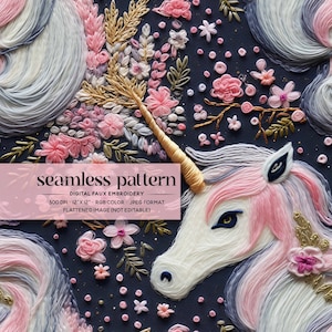 Unicorn Embroidery Seamless Pattern, Pastel Unicorn Faux Embroidery File, Floral Unicorn Digital Paper, Dreamy Fairytale Kids Repeat Pattern