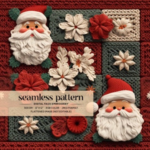 Archivo de patchwork navideño sin costuras, bordado de Papá Noel sin costuras, papel digital de Papá Noel a crochet, patrón de tela navideña vintage sin costuras