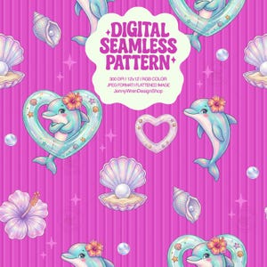 Puede incluir: Un patrón digital sin costuras con delfines de dibujos animados, conchas marinas, perlas y flores de hibisco sobre un fondo rosa a rayas. Los delfines están en flotadores en forma de corazón. El texto dice "+DIGITAL SEAMLESS PATTERN+".