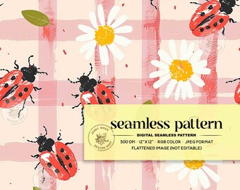 Lady Bug Floral Daisy Seamless Pattern for Fabrics and Wallpapers,  Retro Spring Bug Digital Paper for Fabric Sublimation, Ladybugs Seamless