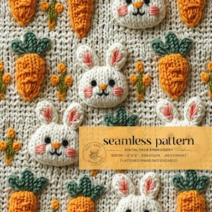 Könnte beinhalten: Ein nahtloses Muster für digitale Stickerei mit weißen Hasen und orangefarbenen Karotten auf einem weißen gestrickten Hintergrund. Das Design ist 30,48 cm x 30,48 cm groß und hat eine Auflösung von 300 DPI. Das Bild ist abgeflacht und nicht bearbeitbar.