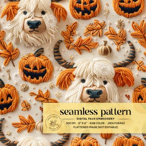 Fall Halloween Highland Cow Seamless Pattern, Highland Cows and Pumpkins Faux Embroidery Seamless, Fall Farm Animals Digital Repeat Pattern