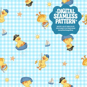May include: A digital seamless pattern with cartoon ducks in nautical scenes. The ducks wear pirate hats, use fishing rods, and wear diving masks. The pattern includes sailboats, starfish, and suns on a light blue gingham background.