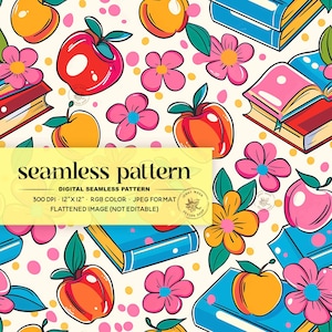 Groovy Back to School Seamless Pattern, Girly Back to School Repeating File for Sublimation, Retro Floral Apples and Books Digital Paper