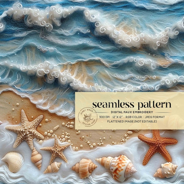 Ocean Waves & Starfish Seamless Pattern, Seashells Digital Paper, Seaside Treasures Seamless, 3D Summer Beach Faux Embroidery Seamless