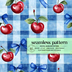 Könnte beinhalten: Ein digitales nahtloses Muster mit Aquarellillustrationen von roten Kirschen, grünen Blättern und blauen Schleifen auf einem blau-weiß karierten Hintergrund. Der Text "seamless pattern" wird angezeigt.