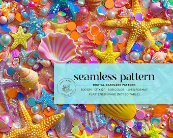 3D-neon zomer schelpen naadloze patroon, funky zomer strand digitaal papier voor stof sublimatie, neon zeemeermin glitter herhalend bestand