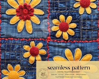 3D Gänseblümchen Blumen Patchwork Nahtlose Datei, Denim Patchwork Quilt Nahtlose Muster, Retro Sommer Floral Digitales Papier für Fabric Sublimation