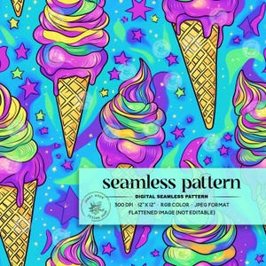 May include: Seamless pattern featuring colorful ice cream cones with rainbow-colored swirls and dripping purple frosting. The cones are set against a bright blue background with star shapes. The text "seamless pattern" is displayed.