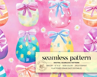 イースターエッグとリボンのシームレスパターン：プレッピーな花柄プリント（昇華転写用 JEPG デジタルペーパー）