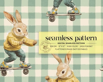 Skateboard Easter Bunny Seamless Pattern: Trendy Boy Spring Fabric Printing (Digital Paper for Sublimation)