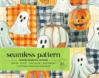 Checkered Ghosts and Pumpkins Seamless Pattern, Retro Halloween Patchwork Digital Paper for Fabric Sublimation, Cute Spooky Boo Seamless