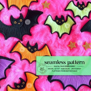 3D Neon Halloween Fledermäuse Nahtloses Muster, süße Fledermäuse und glitzernde Sterne Stickerei Nahtlos, Pastell Neon Fledermäuse Rapportdatei für Stoffdruck