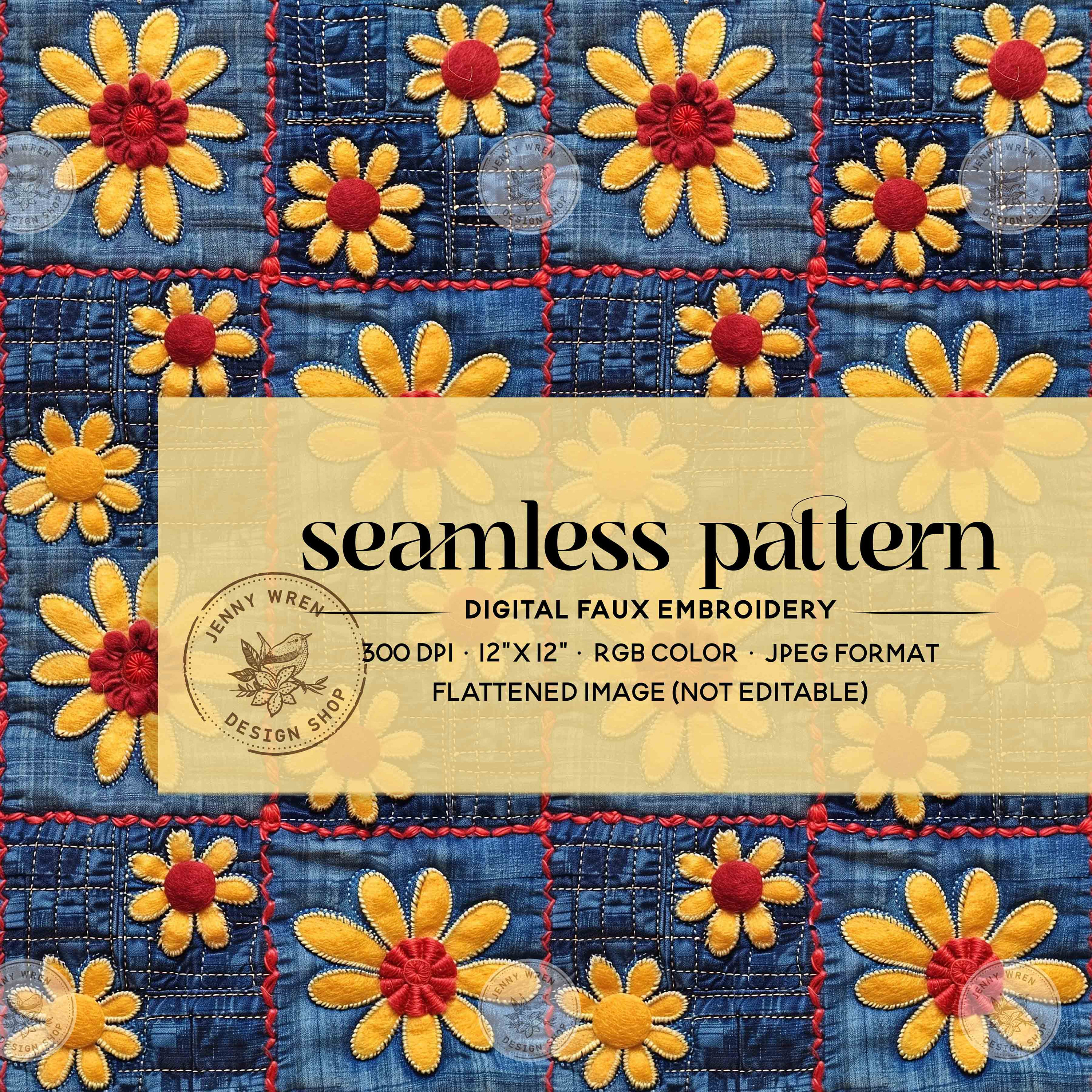 3D Daisy Flowers Patchwork Seamless File, Denim Patchwork