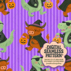 Cute Halloween Cow and Dino Seamless Pattern, Witch Cow and Cool Dinosaur on Purple Stripes, Trick or Treat Digital Paper for Sublimation