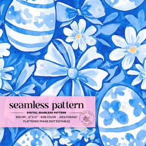 以下が含まれることがあります： 青い背景に、青と白のイースターエッグ、白い花、青いリボンが描かれたシームレスパターン。パターンは12インチ×12インチ、300 DPIです。