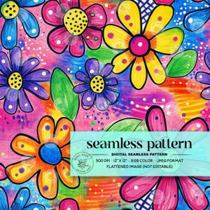 May include: A bright, seamless pattern with bold, stylized flowers in blue, pink, yellow, orange, and purple. The design includes the text "seamless pattern" and "DIGITAL SEAMLESS PATTERN". The image is 30.48 cm x 30.48 cm and in RGB colour.