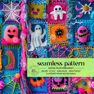 Néon rétro 3D Halloween patchwork sans couture, collage Halloween scintillant fausse broderie sans couture, papier peint design Surface courtepointe mignon