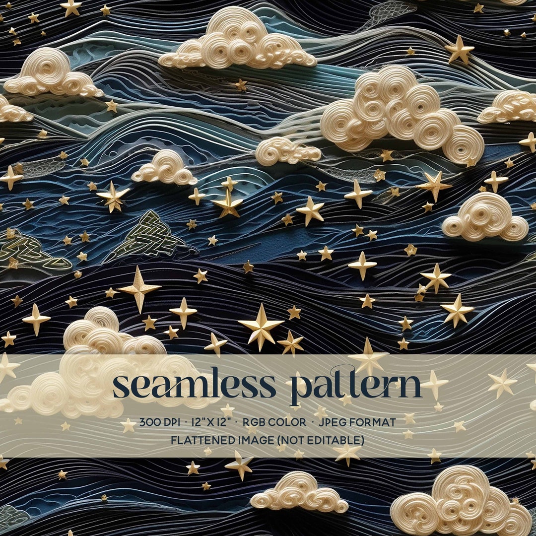 Starry Night Seamless Pattern, Cloudy Night Sky Digital Paper, Magical ...