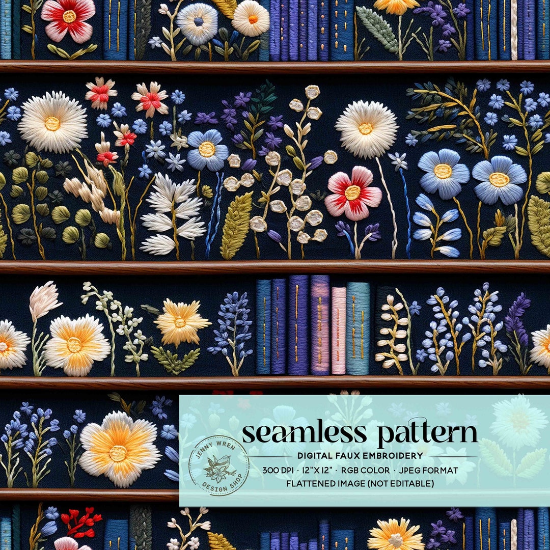Floral Bookshelf Faux Embroidery Seamless Pattern, Blue Book Lover