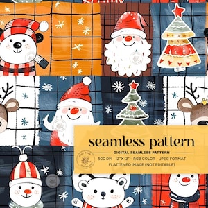 Retro Christmas Patchwork Seamless Pattern, Vintage Santa and Xmas Trees Digital Paper for Fabric Sublimation, Christmas Checkered Seamless