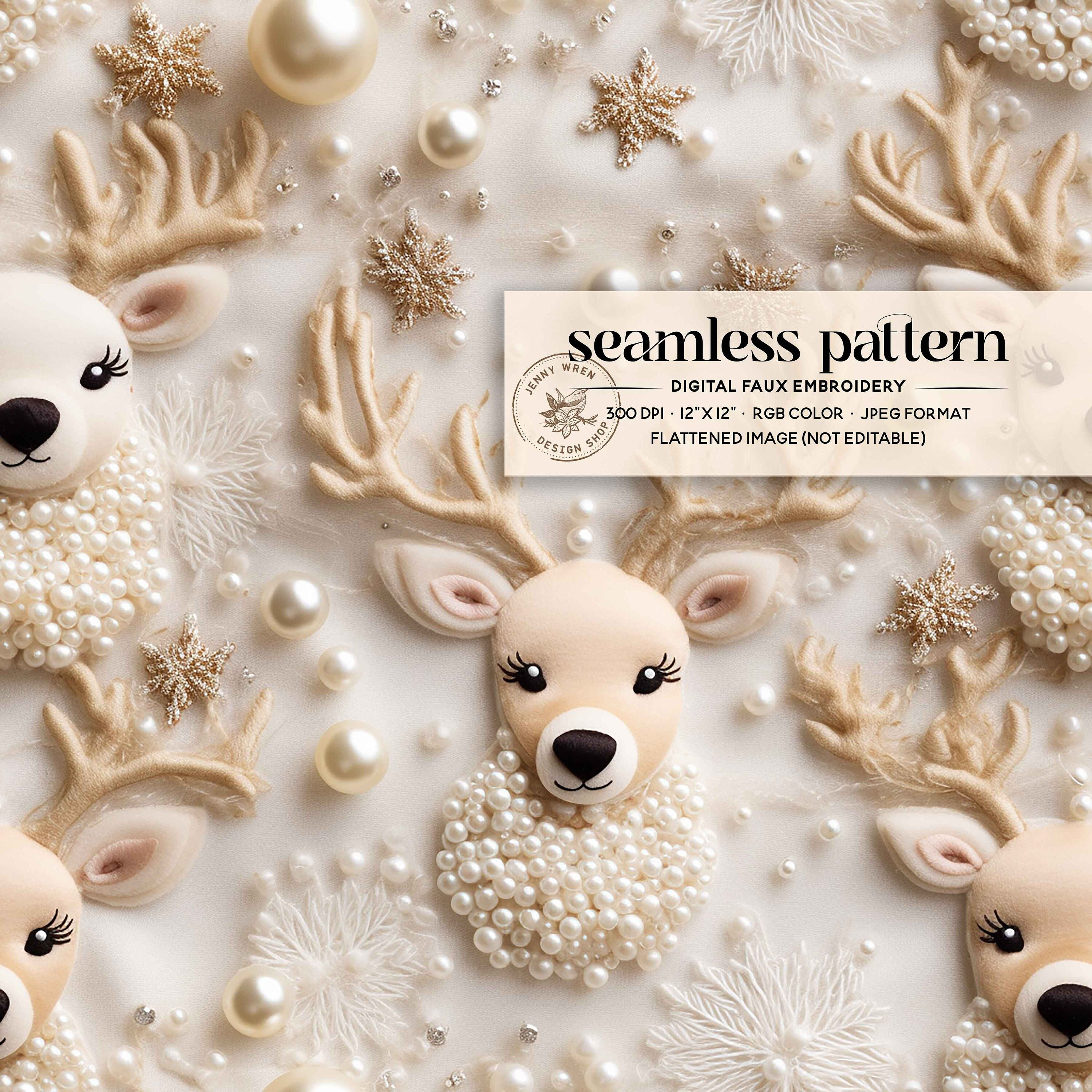 Patrón sin costuras de renos de invierno, bordado sin costuras de imitación de renos vintage, Navidad blanca sin costuras, papel digital de invierno color crema marfil.