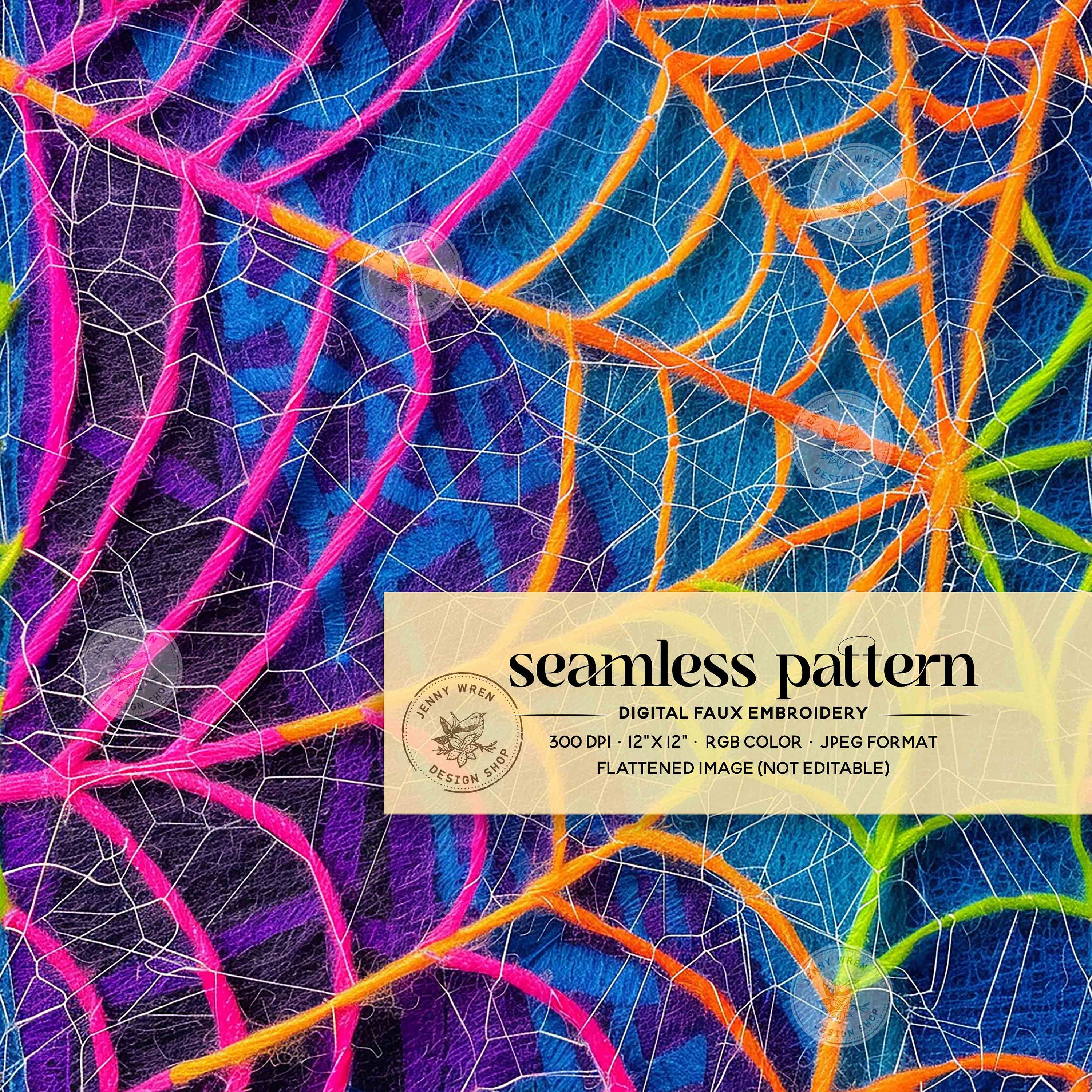 3D Neon Spider Web Seamless Pattern, Neon Halloween Faux Embroidery ...