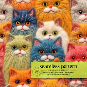 Colorful Cats Seamless Pattern, Fluffy Cute Cats Faux Embroidery Seamless, Pastel Animals Digital Paper, Retro Playful Cats Repeat Pattern,