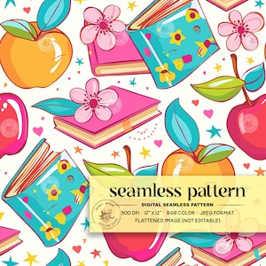 Pastel Groovy Back to School Seamless Pattern, Girly Floral Back to School Repeat File for Sublimation, Retro Apples and Books Digital Paper