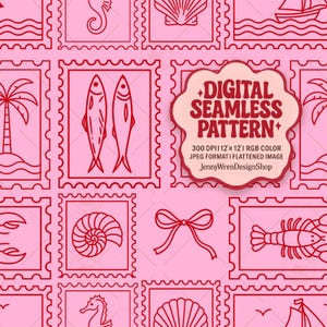 Trendiges rosa Muschel-nahtloses Muster, Retro-Küstenstrand-Stempel-Digital-Papier, nautische Sardinen und Muscheln wiederholen Datei für Sublimation