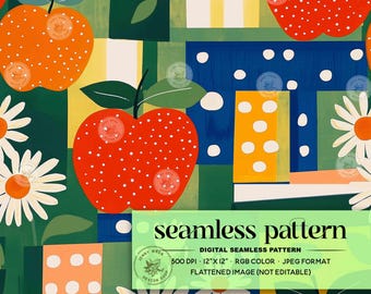 Retro Blumen Äpfel Muster, Zurück in die Schule Patchwork Digitales Papier, Äpfel und Gänseblümchen-Muster für Stoff Sublimation