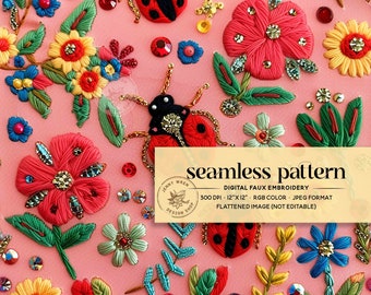 Lady Bug Floral Faux Embroidery Seamless File, Preppy Spring Floral Repeating File for Fabric Sublimation, Pink Ladybugs Seamless Pattern