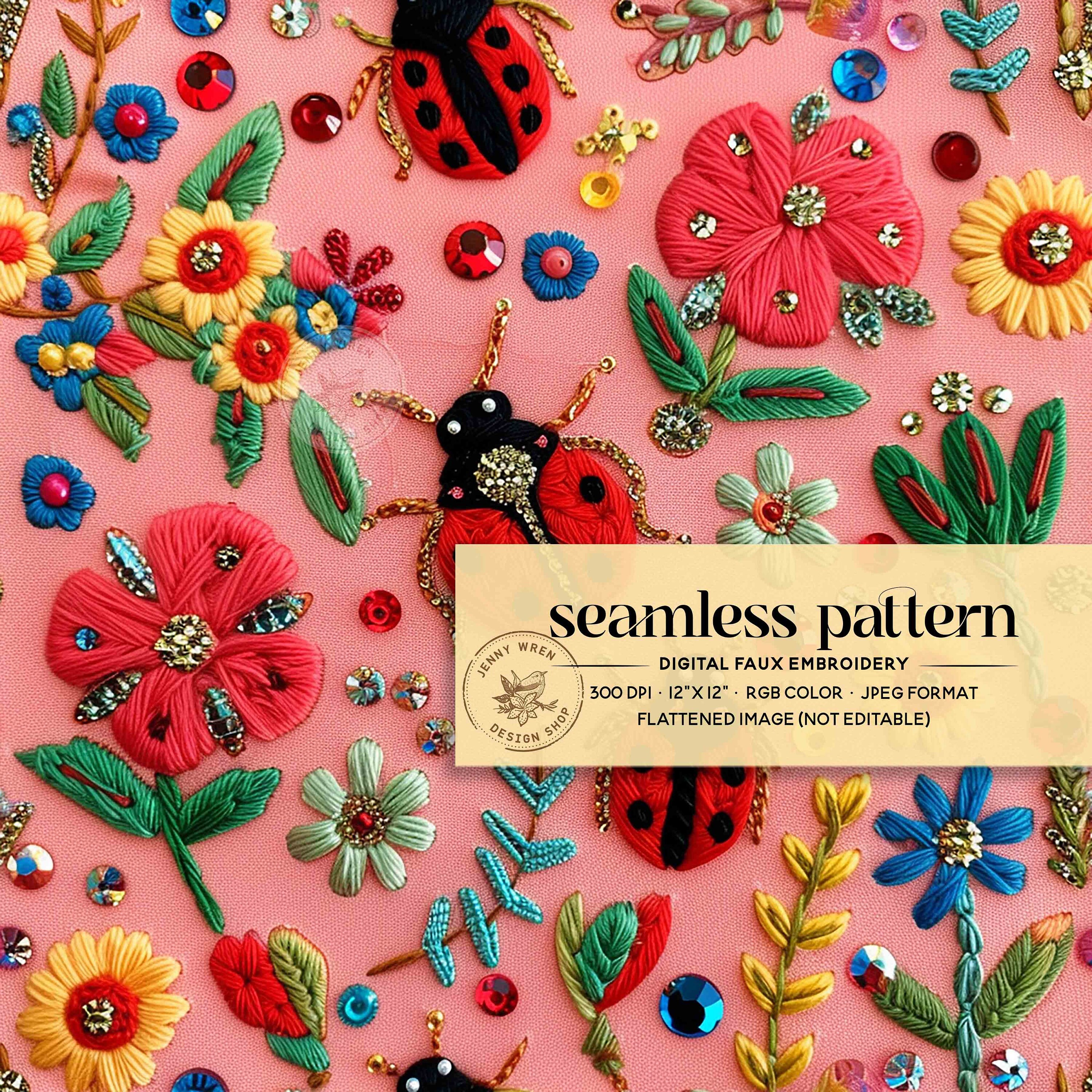 Lady Bug Floral Faux Embroidery Seamless File, Preppy Spring Floral ...