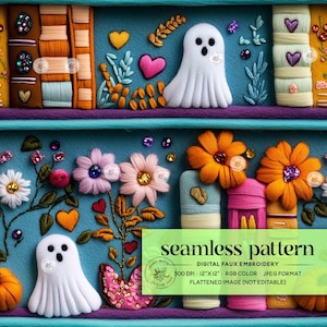 May include: A seamless digital embroidery pattern featuring a bookshelf with books, flowers, hearts, and a ghost. The pattern is 12 inches by 12 inches and is in a JPEG format.