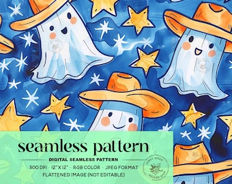 Western Halloween Cowboy Ghosts Seamless Pattern, Retro Boy Halloween Digital Paper, Cute Spooky Boo Repeating File for Fabric Sublimation