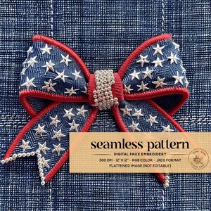 4th of July Red White Blue Bow Seamless Pattern, USA Patriotic Ribbon Repeating File, Faux Denim Seamless Digital Paper for Fabric Printing