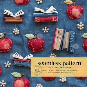 Back to School Faux Embroidery Seamless Pattern, Retro Apples and Books Digital Paper, Floral Book Repeating Pattern for Fabric Sublimation