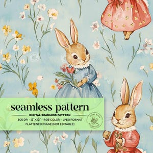 May include: A seamless pattern featuring two brown rabbits wearing dresses and holding flowers. The background is a light blue with white and yellow flowers.