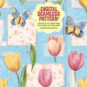 Grandmillennial Blue Tulip Seamless Pattern with Butterflies, Pastel Vintage Spring Floral Patchwork Digital Paper