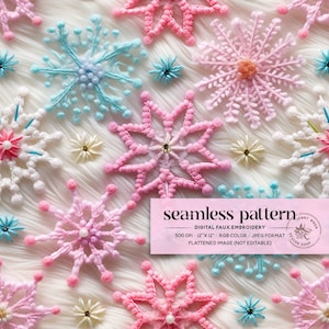 Fichier sans couture de fausse broderie de neige pastel, modèle sans couture de flocons de neige mignons, papier numérique de Noël enneigé, motif de répétition d&#39;hiver confortable neige