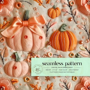 Boho Floral Pumpkin Coquette Seamless Pattern, Pastel Autumn Fall Pumpkin Repeating File, Girl Fall Pumpkins With Bows Digital Paper