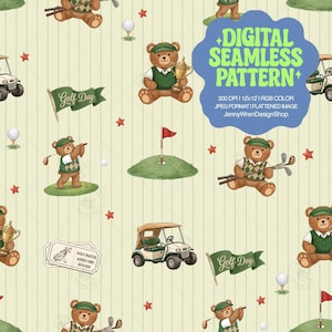 Vintage Golfing Teddy Bear Seamless Pattern | Green Striped Boy Sports Digital Paper for Sublimation