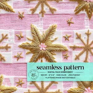 May include: A seamless digital pattern featuring gold snowflakes and pink flowers on a pink and white gingham background. The pattern is 12 inches by 12 inches and 300 DPI.  The image is flattened and not editable.