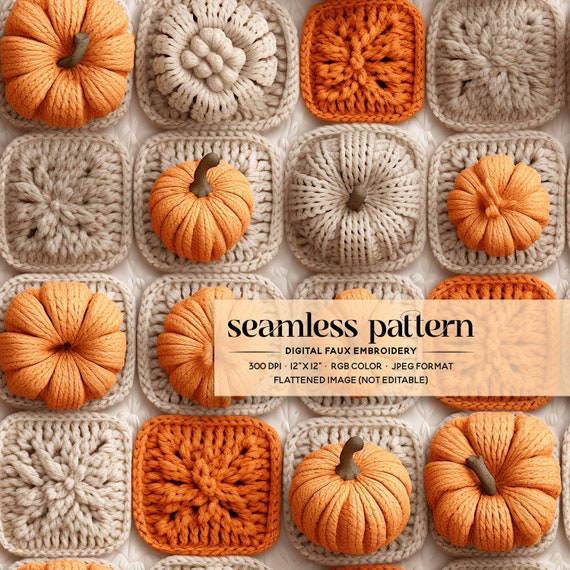 Pumpkin Season Seamless Pattern, Boho Fall Pattern Seamless, Digital Granny Square Seamless, Fall Pumpkins Repeating File for Sublimation